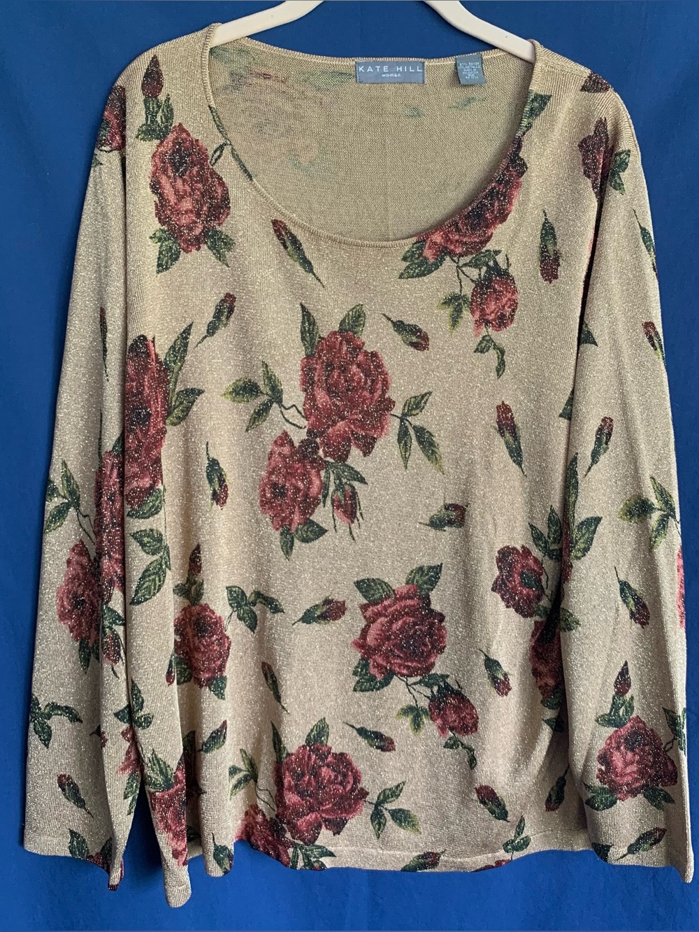 Kate Hill Women's Gold Metallic Floral Long-Sleeve Top